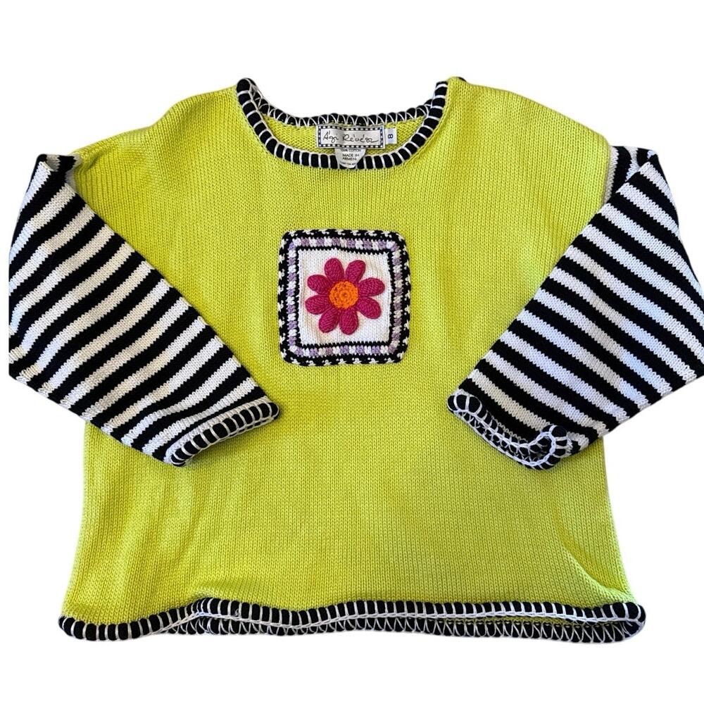 Girls Floral Crochet Sweater with Stripes and Whip Stitch Details Size 8 EUC
